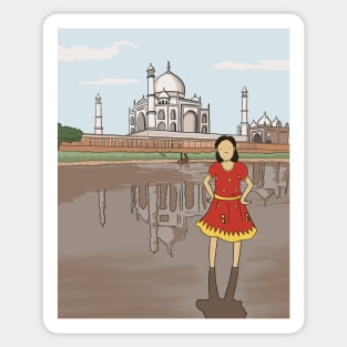 The Taj Mahal in India: girl standing in Yamuna river Sticker